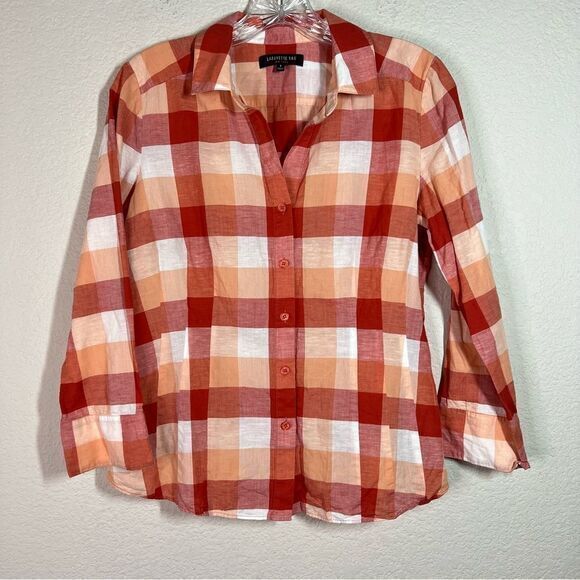 Lafayette‎ 148 Red Orange Checkered Long Sleeve Button Down Shirt Womens Size 2 - Picture 1 of 6